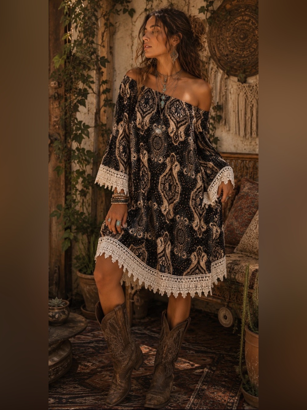 R Rouge USA Paisley Lace Trim Boho Shift Dress Medium ~ Stevie Nicks Vibes 🌼
